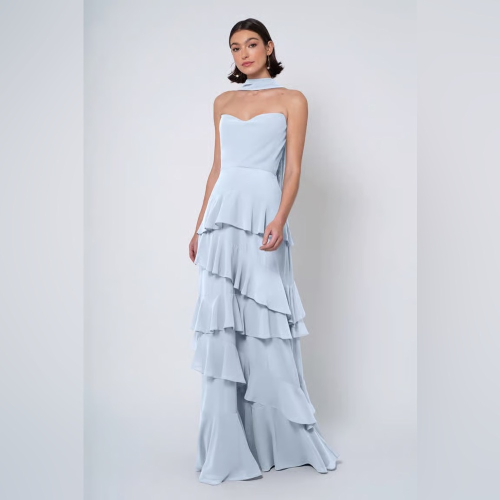 Elegant Light Blue Strapless Ruffle Dress